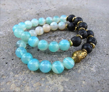 2 piece set - Natural Lava Stone and Teal Blue Agate Mala Bracelets