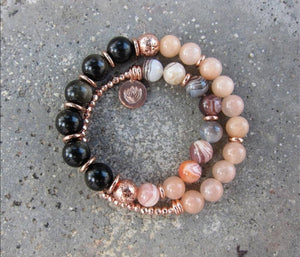 Black Gold Obsidian, Pink Lace Agate, Rose Gold Lotus Charm in 27 Bead Mala Bracelet