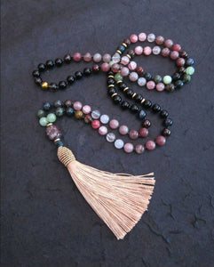 Black Tourmaline, Lepidolite, Pink Quartz, Garnet, Bloodstone in Champagne Gold Tassel necklace - xmas gift ideas