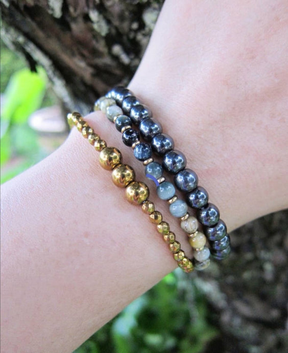 3 pc set - Honey Mustard Tiger Eye, Gunmetal, Gold Hematite Bracelet