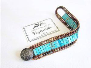 Aqua Jasper 3X Row Cuff Beaded Bracelet