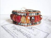 Southwest Red Tangerine Brown Onyx, Bloodstone Leather 3X Row Cuff Wrap Bracelet