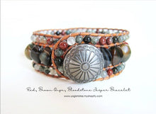 Southwest Red Tangerine Brown Onyx, Bloodstone Leather 3X Row Cuff Wrap Bracelet