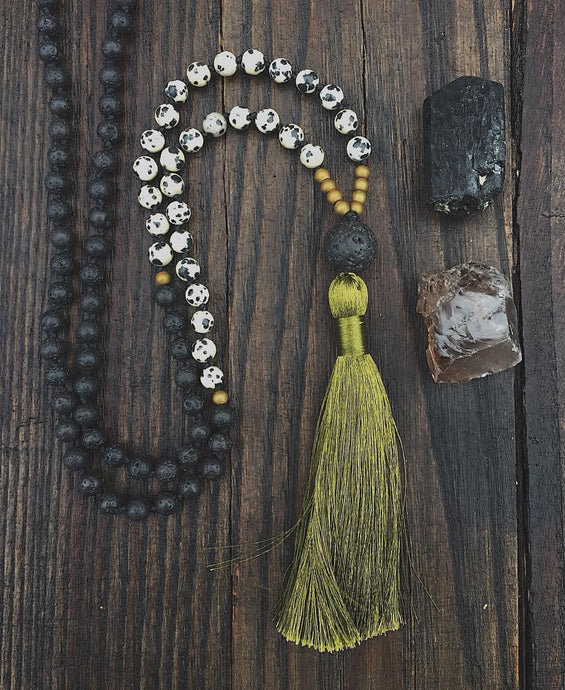 SALE - Beaded Necklace in Black Lava Stone and Dalmation Jasper