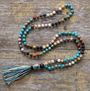 7 Stone Imperial Jasper Lava Mala Beaded Tassel Necklace