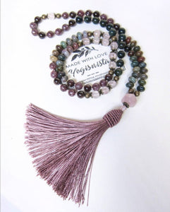 Bohemian Plum Lepidolite, Garnet, Bloodstone Tassel Beaded Necklace