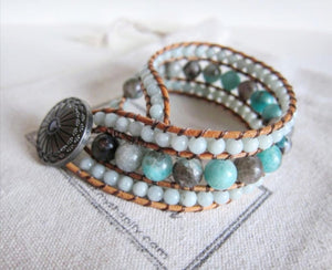 SALE - Natural Hemimorphite Leather 3X Row Cuff Bracelet (Ltd Ed)