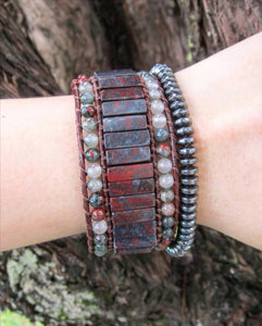 African Bloodstone Jasper 3X Row Cuff Wrap Bracelet