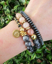 27 Bead in Moonstone and Larvikite Mala Bracelet w/ Gold charm