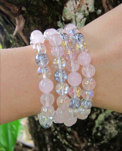 Love, Happiness, Joyful Mala Bracelet in Rose Quartz, Pink Chalcedony, Aura Quartz for a joyous season! 