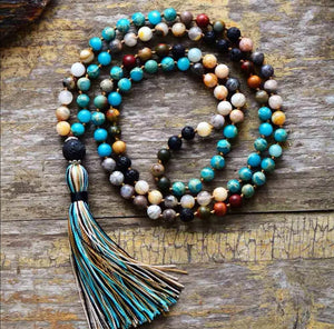 7 Stone Imperial Jasper Lava Mala Beaded Tassel Necklace