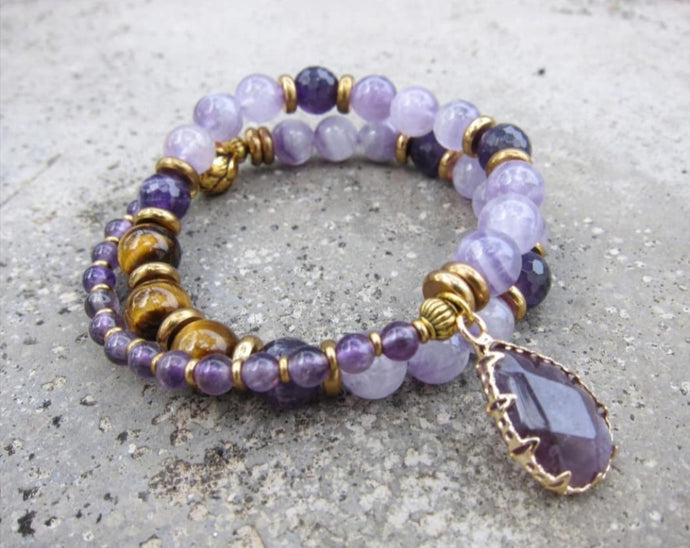 Amethyst, Chevron Quartz in 27 Bead Mala Bracelet (Feb Birthstone)