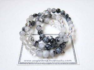 Black White Tourmaline Quartz, Snowflake Obsidian Single Mala Bracelet