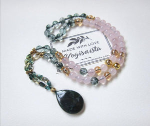 Pink and Phantom Quartz Love Mala Necklace in Dark Green Emerald Pendant