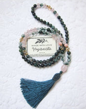 SALE - 108 Bead Mala in Pink and Phantom Quartz w/ Emerald Green Bee Cap Tassel Beaded Necklace