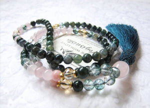 SALE - 108 Bead Mala in Pink and Phantom Quartz w/ Emerald Green Bee Cap Tassel Beaded Necklace