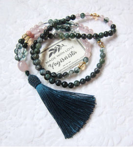 Pink Quartz, Pink Chalcedony, Pink Opal, Clear Quartz, Champagne Aura Quartz, Garden Quartz, Phantom Quartz, Moss Agate and Green Bloodstone Jasper in 108 beaded mala necklace