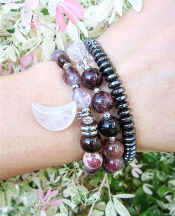 27 Bead in Watermelon Tourmaline, Purple Phantom Quartz, Rose Quartz and Moonstone