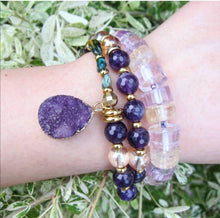 SALE - Amethyst + Quartz Mala Bracelet with Druzy Charm