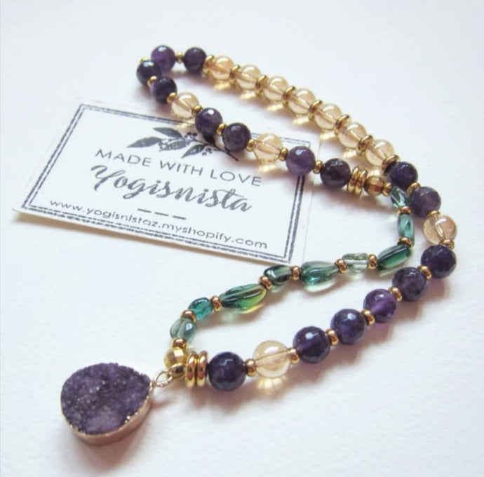 SALE - Amethyst + Quartz Mala Bracelet with Druzy Charm