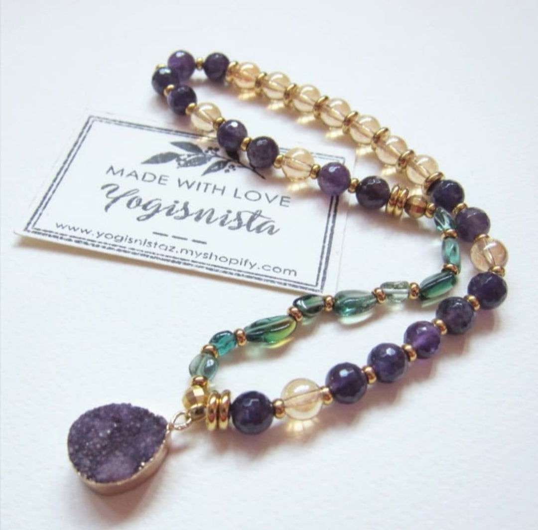 SALE - Amethyst + Quartz Mala Bracelet with Druzy Charm