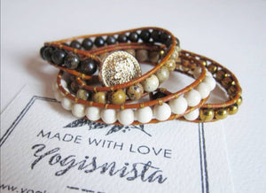 Bronzite, Picture Jasper, Matte White Fossil, Hematite 3X Wrap Bracelet