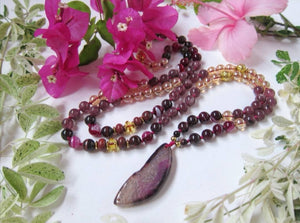 SALE - Garnet, Lepidolite, Aura Angel Quartz Necklace w/ Red Fuchsia Agate Pendant