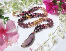 SALE - Garnet, Lepidolite, Aura Angel Quartz Necklace w/ Red Fuchsia Agate Pendant