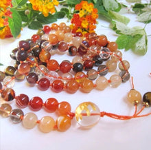 108 Beads in Orange Carnelian, Smoky Quartz, Aura Quartz, Peach Moonstone Mala Necklace