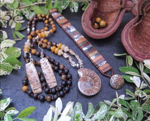 SALE - Stunning Ammonite Fossil, Bronzite, Black Onyx, Tigers Eye Mala Necklace