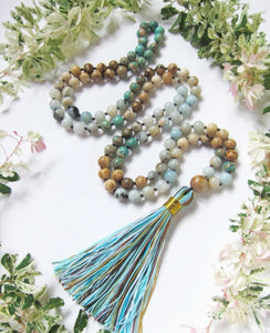 108 Beaded Aqua Turquoise Jasper Mix Tassel Necklace