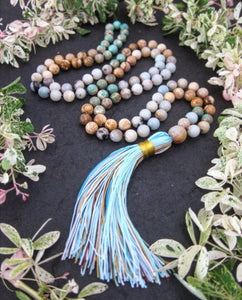 108 Beaded Aqua Turquoise Jasper Mix Tassel Necklace