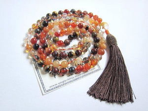 108 Beads in Orange Carnelian, Smoky Quartz, Aura Quartz, Peach Moonstone Mala Necklace