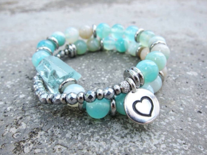 Aqua Teal Blue Agate and Blue Quartz Mala Bracelet