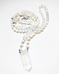 Stunning Selenite, Clear Quartz, Rainbow Moonstone Mala Necklace in Quartz Pendant