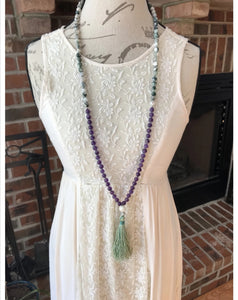 Pink Quartz, Amethyst, Tree Agate Love Mala Tassel Necklace