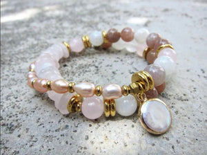 Love, Fertility, Growth, Protection Mala bracelet in Rose Quartz, Moonstone, Sunstone, Freshwater Pearl Bracelet