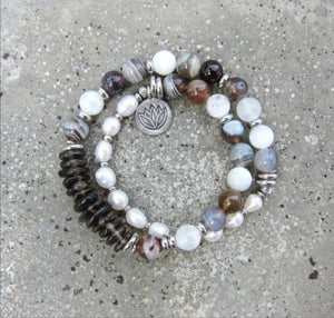 27 Bead Wrist Mala in Selenite, Botswana Agate, Smoky Quartz, Freshwater Pearls in Stainless Silver Lotus Charm