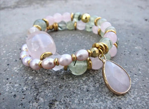 Rose Quartz, Prehnite, Freshwater Pearl - Love, Fertility, Protection Mala Bracelet