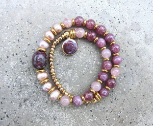 Freshwater Pearl, Plum Tourmaline, Lepidolite, Stainless Gold Mala Bracelet in 27 Beads