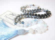 108 Bead Mala Tassel Necklace in Rainbow Labradorite, Moonstone, Aquamarine, Snowflake Obsidian