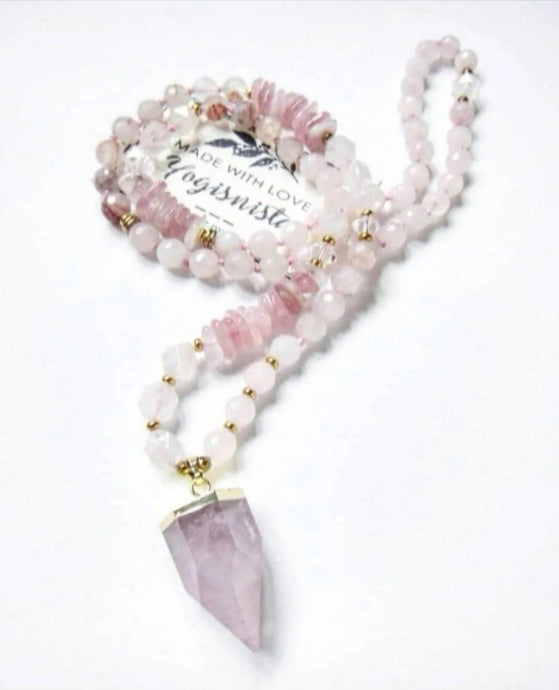 The Pink Goddess Mala Necklace in Rose Quartz Pendant