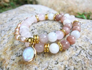 Full Moon Bracelet in Sunstone, Moonstone, Rose Quartz and Freshwater Pearls - to bring joy, happiness and protection