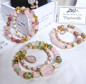 Rose Quartz, Prehnite, Freshwater Pearl - Love, Fertility, Protection Mala Bracelet