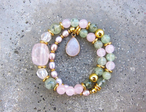 Rose Quartz, Prehnite, Freshwater Pearl - Love, Fertility, Protection Mala Bracelet