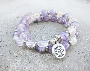 Ametrine, Cacoxenite Quartz, Lavender and Purple Chevron Mala Bracelet in 27 Beads
