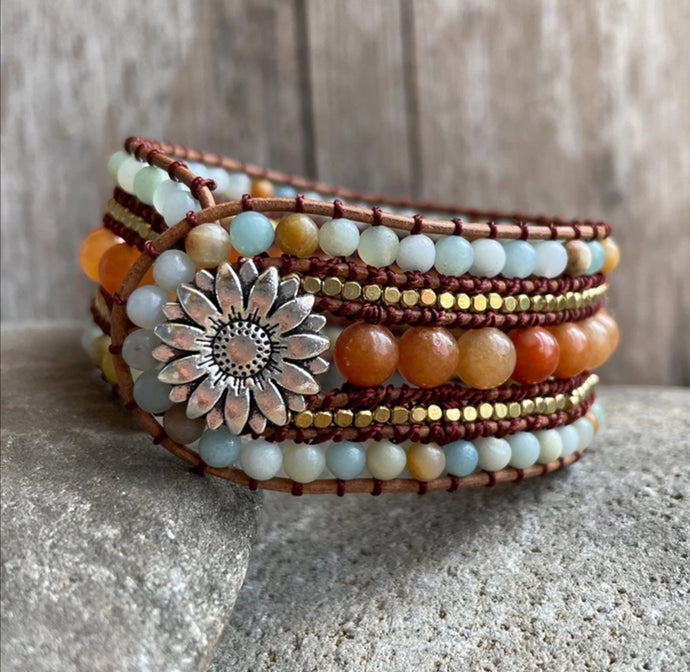 Carnelian, Amazonite 5 Row Cuff Leather Wrap Bracelet - gift ideas for xmas