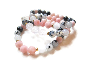 Pink Opal, Black White Tourmaline, Snowflake Obsidian Mala Bracelet - October Birthstone