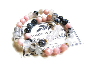 Pink Opal, Black White Tourmaline, Snowflake Obsidian Mala Bracelet - October Birthstone