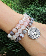 SALE - 54 Bead Mala Necklace in Rose Quartz and Botswana Agate with Labyrinth Charm